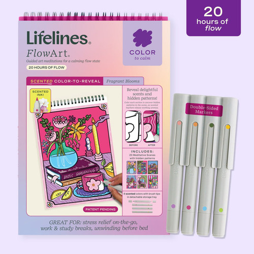 front of the color book with a vase and colored markers