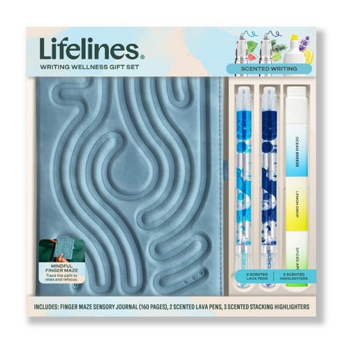 product front of packaging blue ribbed journal