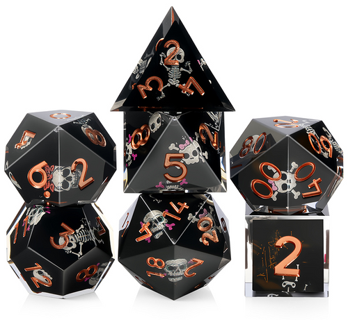 Black dice set with skull, crossbone and pink bow designs