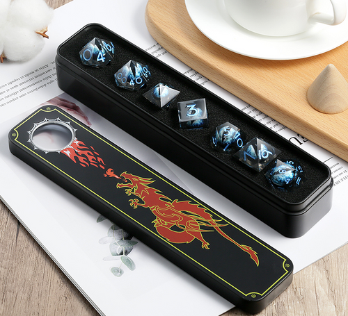 Dice set in the included metal case and foam padding