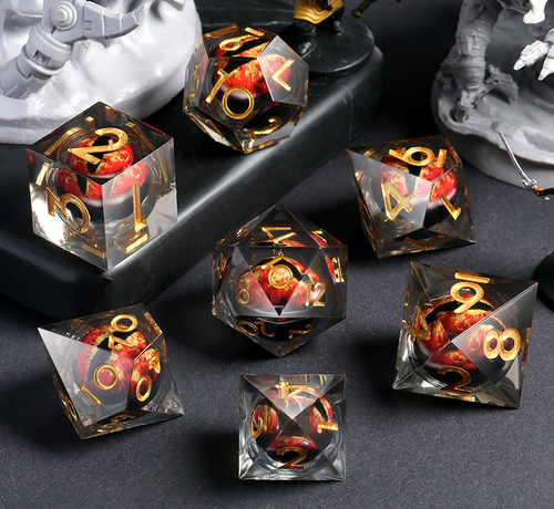 Transparent resin dice set with red dragon eyes inside