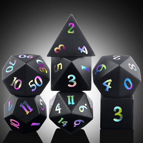 3-D rendering of black dice with iridescent numerals