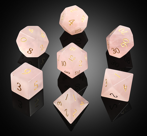 Pink rose quartz dice with gold numerals