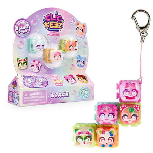 3 keys/buttons in see through bubbles and 2 in the sealed portions, 5 clickeez linked together on a keychain