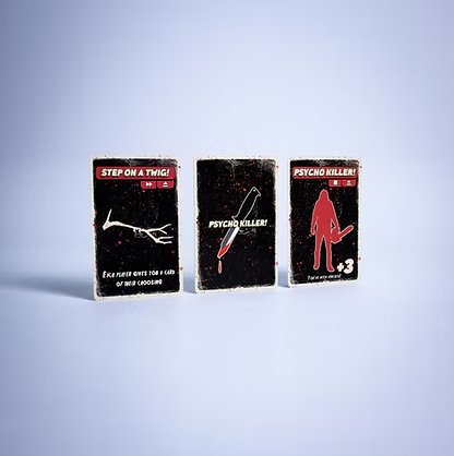 Example cards: "Step on a Twig" and "Psycho Killer"