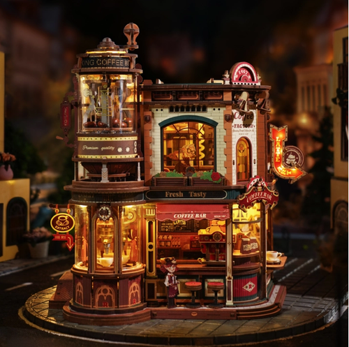 Completed model lit up in darkness