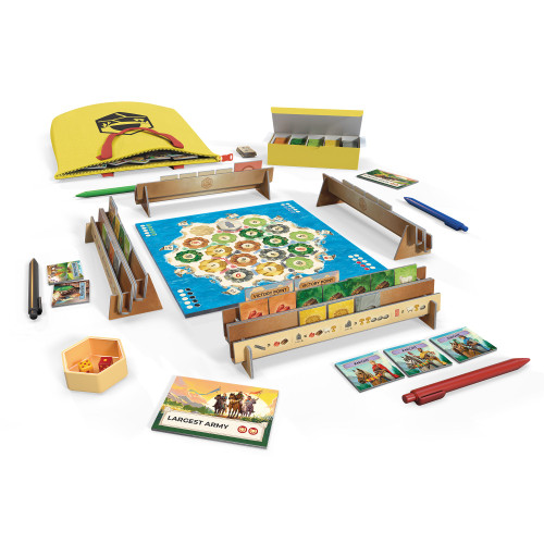 the board game with tile holders and yellow pouch