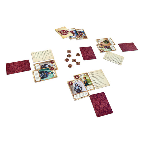 the game set up with cards and cardboard tokens