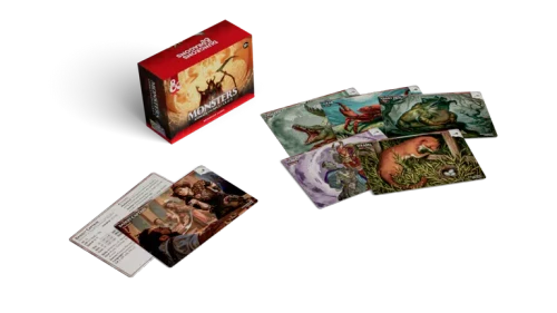 Packaging beside a number of double-wide monster reference cards