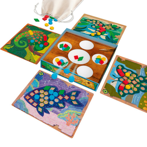 game layout for 4 players with cards and colored and shaped pieces