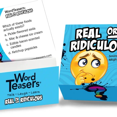 card box with a inquisitive emoji face and a multiple choice card asking which strange food actually exist