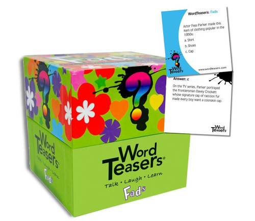 green bottom and flower top of cube with sample trivia card