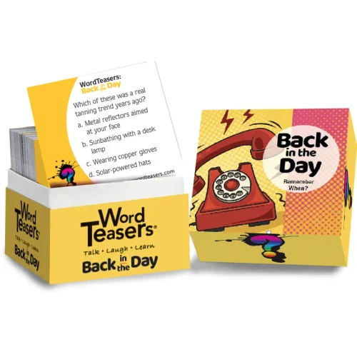 box with ringing telephone on the front and multiple choice question card about tanning trends