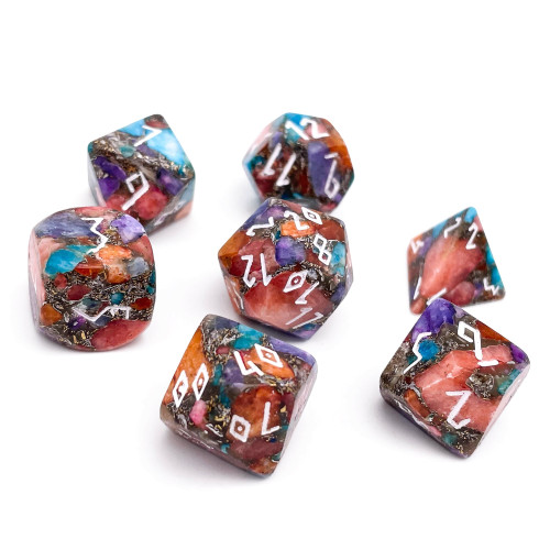 multi-bright colored dice set with white numbers