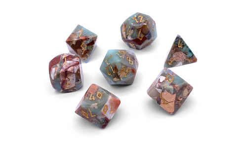 grey green with red/stone dice with gold numbers