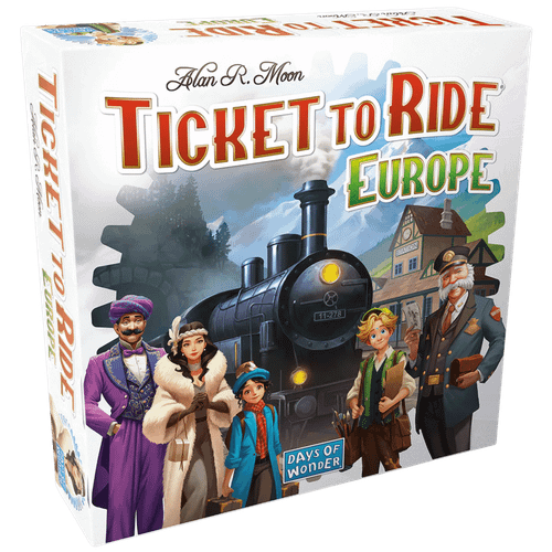 white front of box featuring a black train and passengers