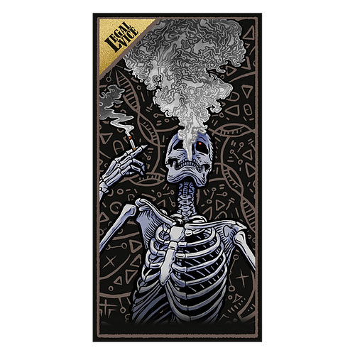 card back featuring a skeleton smoking