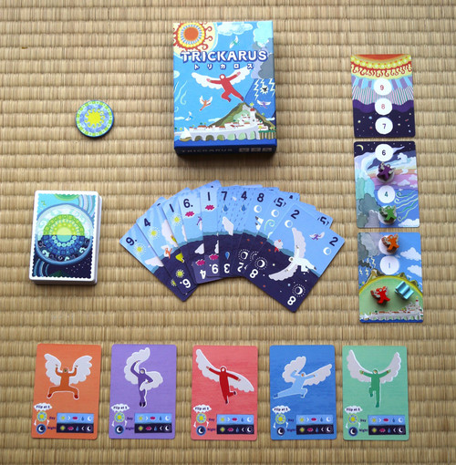 the game components cards and card box and meeples