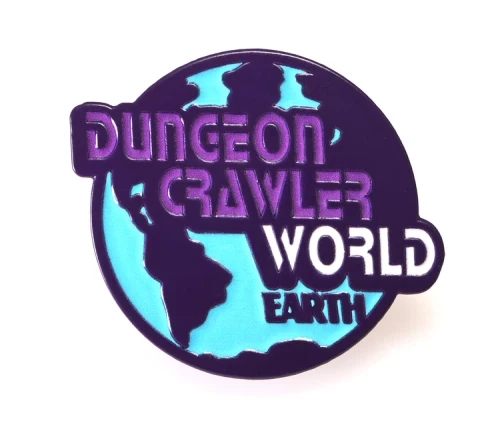 Enamel pin depicting a globe with the text "Dungeon Crawler World"