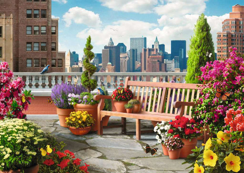 Rooftop Garden 500pc Large Format image featuring potted flowers and a bench on a rooftop, a city skyline in the background