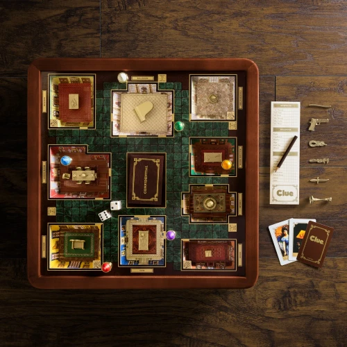Deluxe Clue game board with 3D rooms displayed under glass