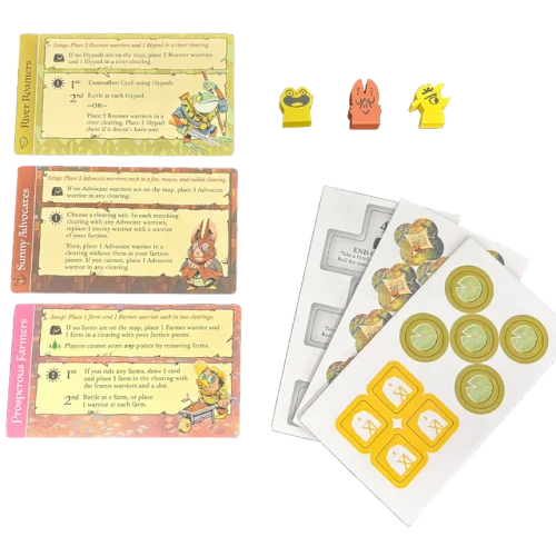 Components including cards, wood tokens and cardboard punchout tokens
