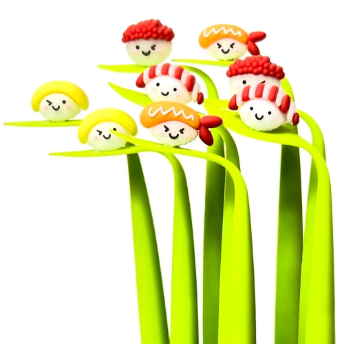 A collection of pens with different styles of sushi decorations on their ends