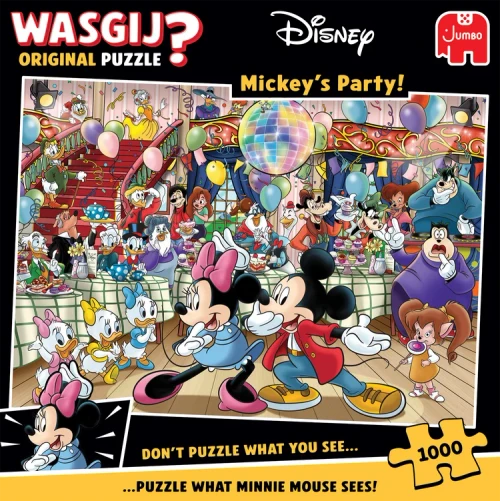 Puzzle image depicting Mickey and Minnie Mouse dancing in a crowd of Disney cartoon characters
