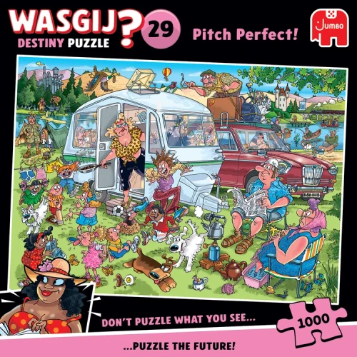 Puzzle image, a comic style chaotic campsite scene