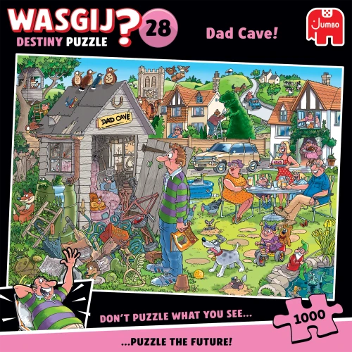 Puzzle image depicting a comic-style scene in which a character discovers an overflowing shed labeled Dad Cave
