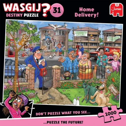 Puzzle image, a comic-style scene where a mailman walks through a front garden gate