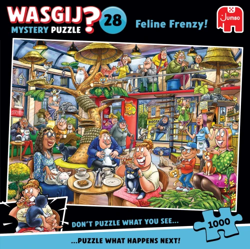 Puzzle image, a comic style scene in a busy cat cafe