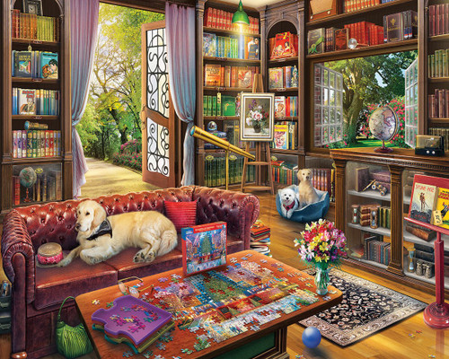 a library with doors and windows open with puppies
