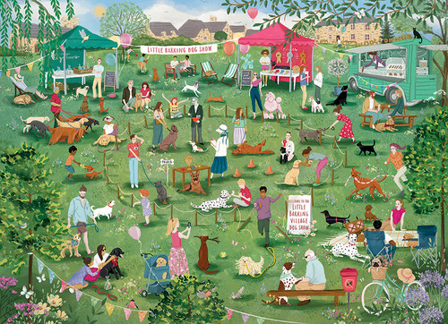 green lawn with many different breeds of dog and families