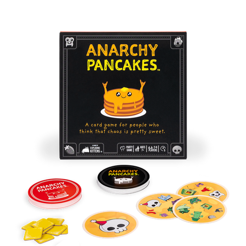 front of black game box with pancake stack with eyes and hand gesture.