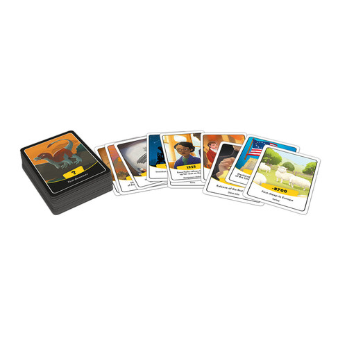 a stack of cards and several visible with images and years