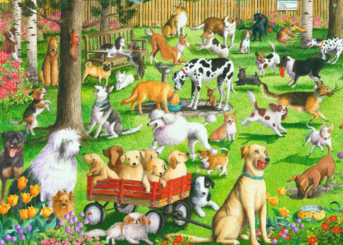 At the Dog Park 500pc Large Format image featuring many dogs in a grassy park