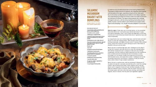 Interior page spread: recipe for Solamnic Mushroom Ragout with Dumplings