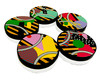 5 bright colored patterned circles connected 