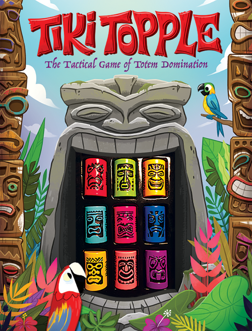 Tiki Topple front of box featuring an open totem with a 9 piece canister puzzle in its mouth 