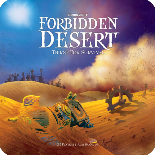 Forbidden Desert front cover featuring a sand desert with broken/abandoned gear and totem 