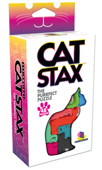 Cat Stax logic puzzle, front of packaging, a cat sitting made of puzzle pieces