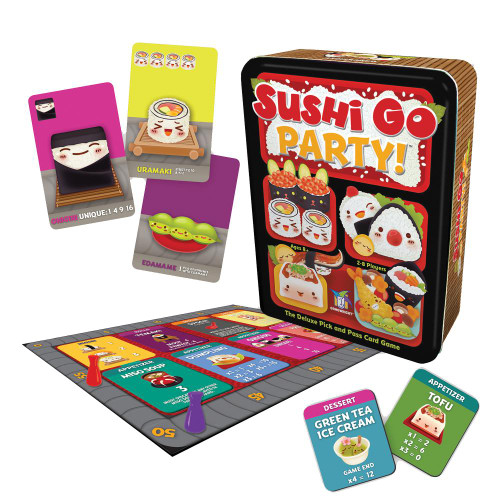 Sushi Go Party! and game components, a board and cards and tokens, 