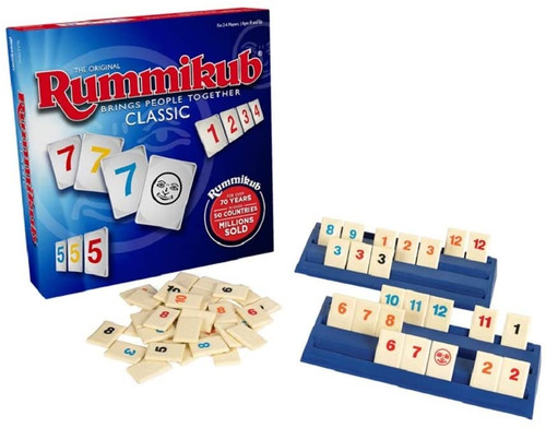 Rummikub Original game components, number tiles in a blue tray