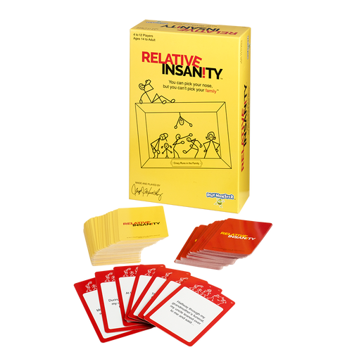 Relative Insanity front of game box with game components in front, yellow and red card deck
