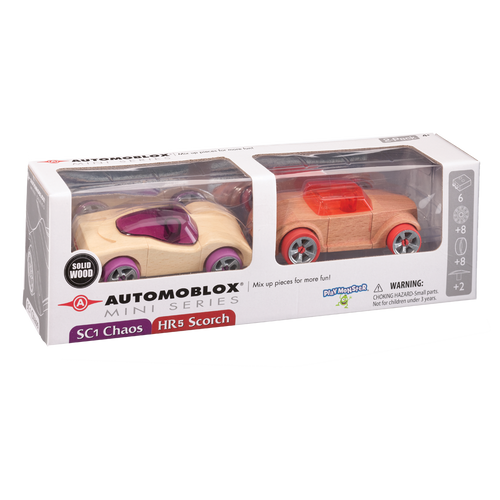 Automoblox Scorch and Chaos, in the white packaging with a clear window displaying the cars 