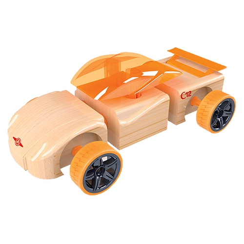 Wooden car with orange windows and wheels 