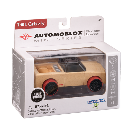 Automoblox T15 Grizzly front of packaging with a clear window displaying car with red wheels 