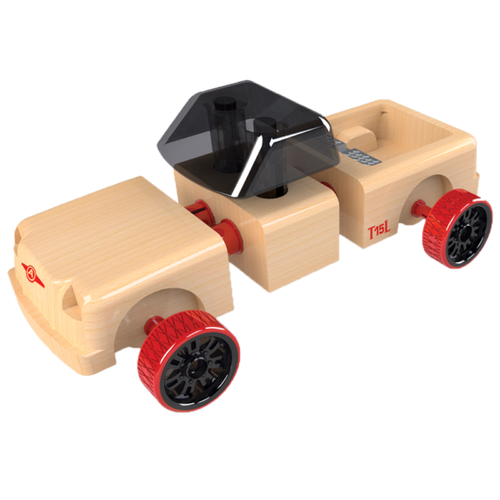 Wooden car, pieces together and apart with red wheels 