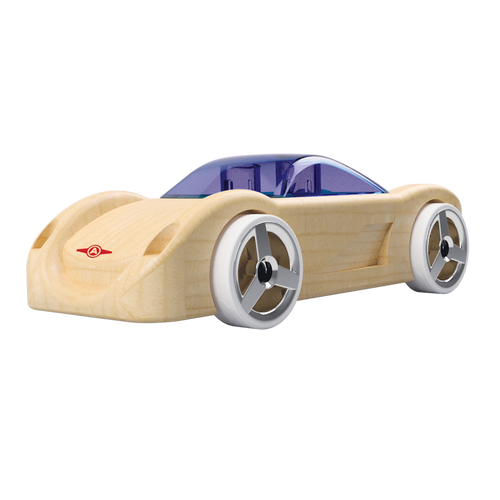 Close up of Automoblox C16 Sidewinder, wooden with white wheels and blue top 